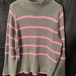 Elegant Gray and Pink Striped Turtleneck Sweater